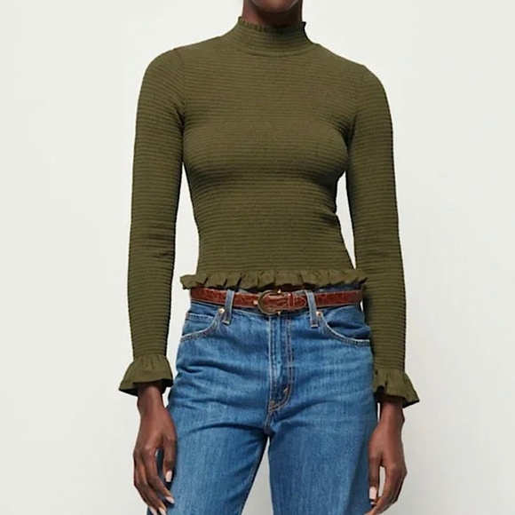 NATION LTD Yael Smocked High Ruffle Neck Top Ozark Green Pima Cotton Cutout Back - Picture 3 of 16